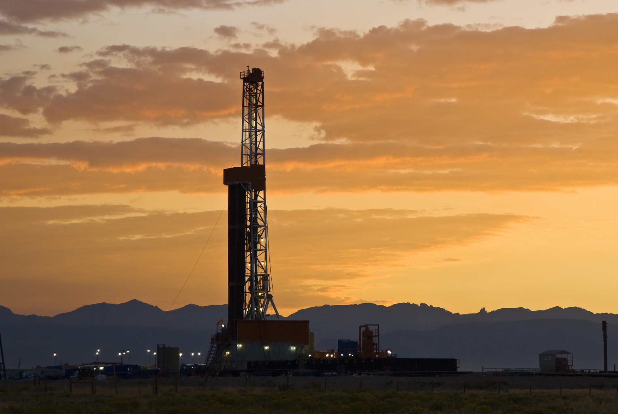 an oil drilling rig in the oil fields of Wyoming